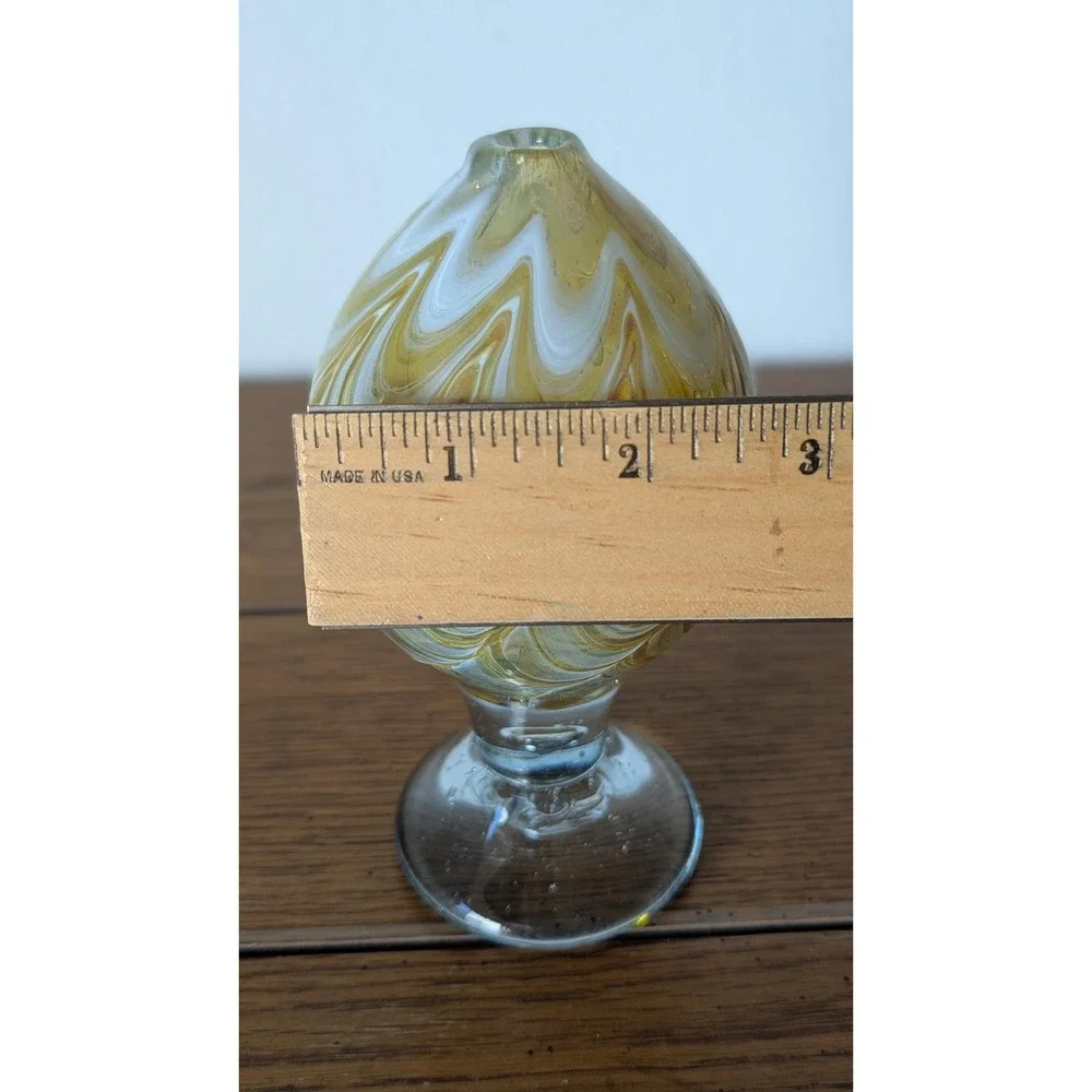 Vintage Hand Blown Amber White Swirl Art Glass Bud Vase Controlled Bubble Signed